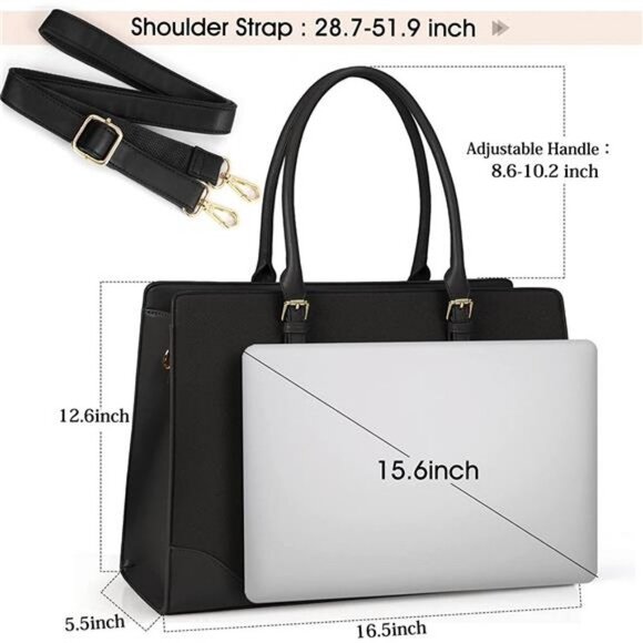 Laptop Bag for Women 15.6 Inch Laptop Tote Bag Waterproof Leather, Black - Picture 1 of 6